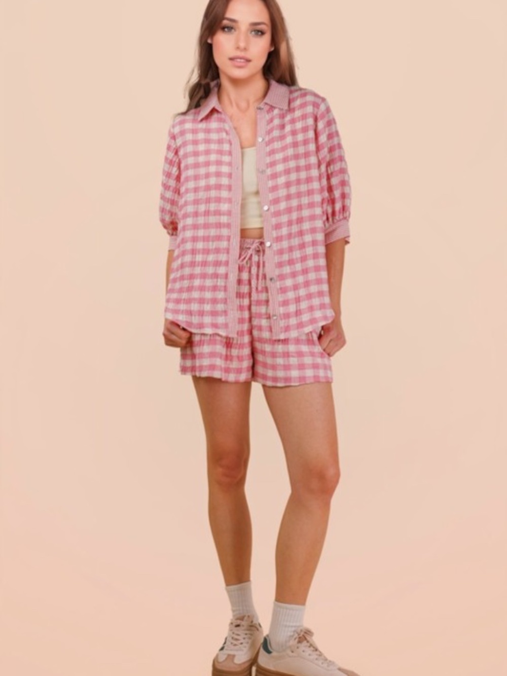 "The Kristina" Pink Gingham Checkered Shirt Top & Shorts Set - Picture 4 of 4